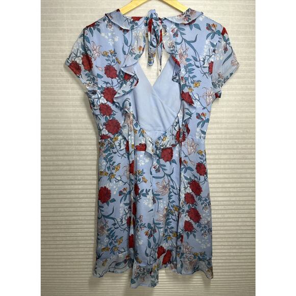 Bardot Mini Wrap Dress Size 8 Blue Red Floral Ruffle Chiffon Cut Out Back V Neck - Picture 2 of 11